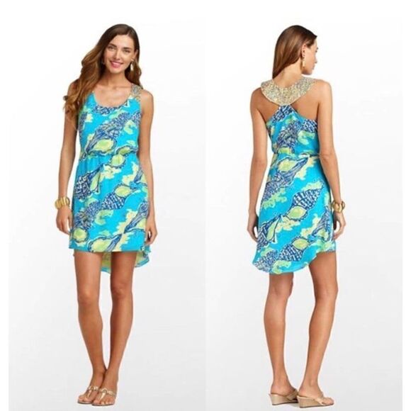 Lilly Pulitzer Calissi Turquoise Sound The Horn High Low Dress - Picture 1 of 6